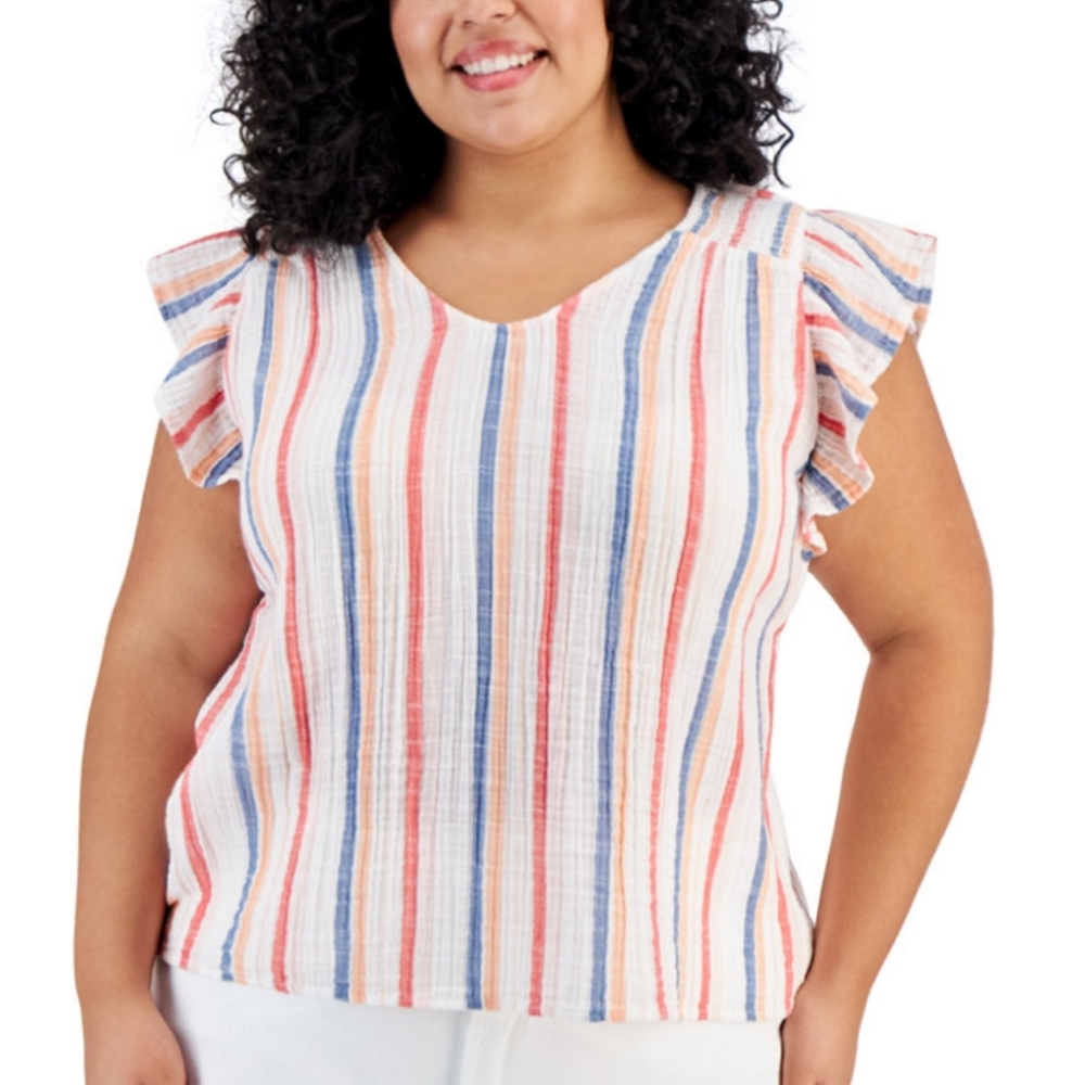 STYLE&CO PLUS Flutter Sleeve Cotton Gauze Multi Stripe Summer Top 2X Casual Cool